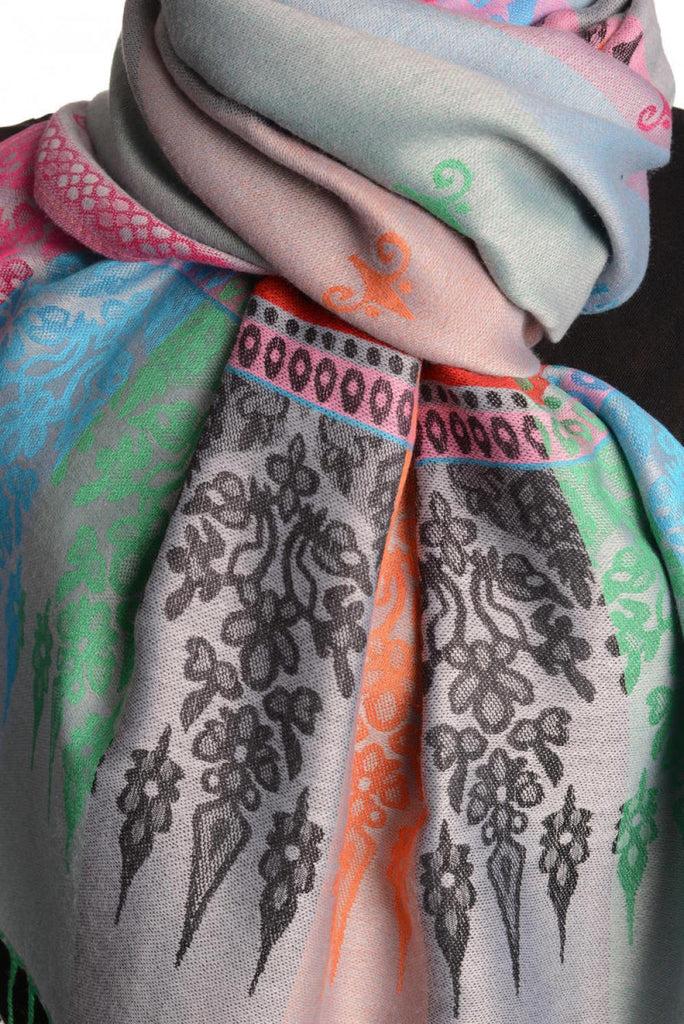 Liss Kiss Rainbow Stripes In Grey Pashmina With Tassels - Scarf
