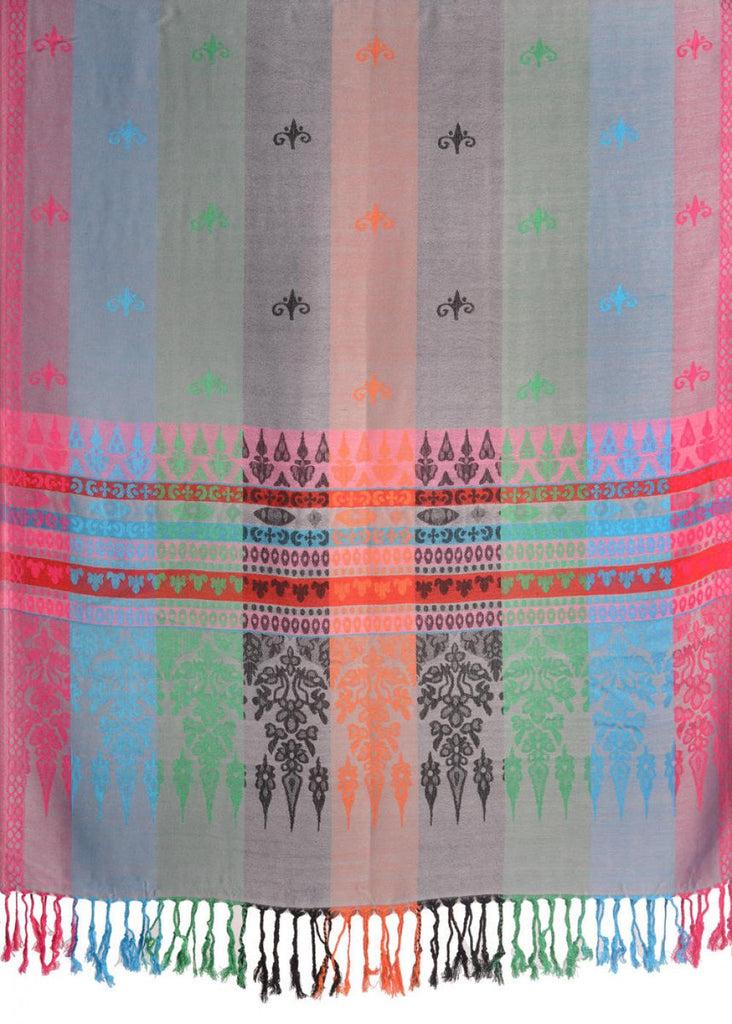 Liss Kiss Rainbow Stripes In Grey Pashmina With Tassels - Scarf