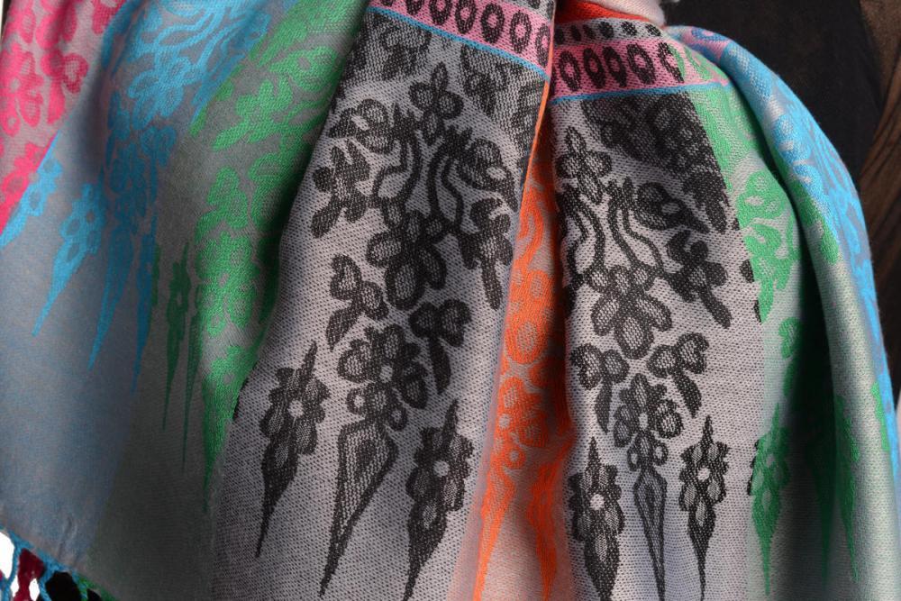 Liss Kiss Rainbow Stripes In Grey Pashmina With Tassels - Scarf