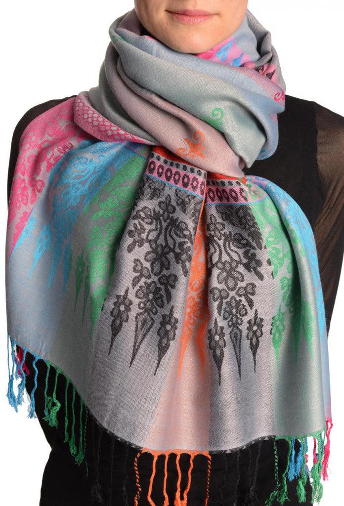 liss kiss Rainbow Stripes In Grey Pashmina With Tassels - Scarf