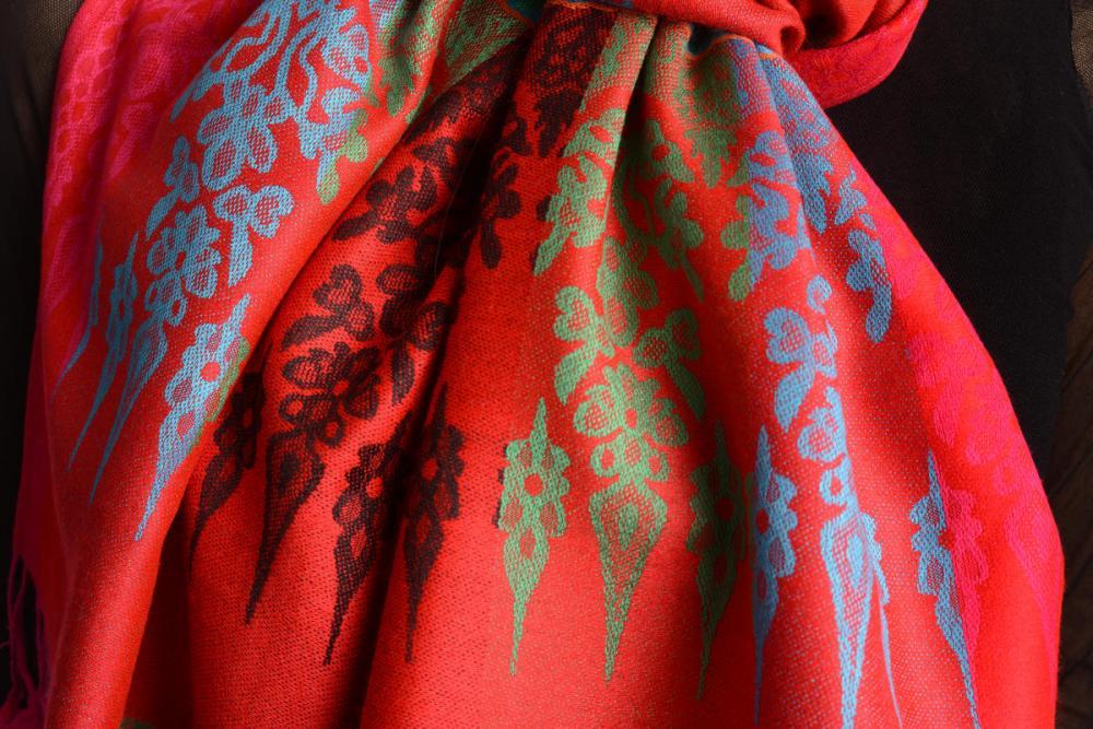 Liss Kiss Rainbow Stripes In Red Pashmina With Tassels - Scarf