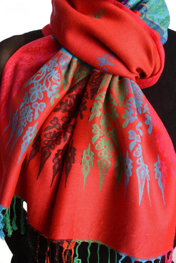 Liss Kiss Rainbow Stripes In Red Pashmina With Tassels - Scarf