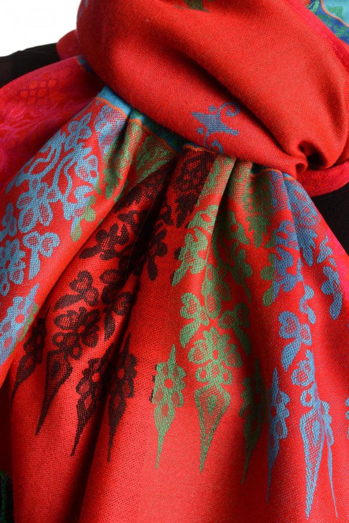 Liss Kiss Rainbow Stripes In Red Pashmina With Tassels - Scarf