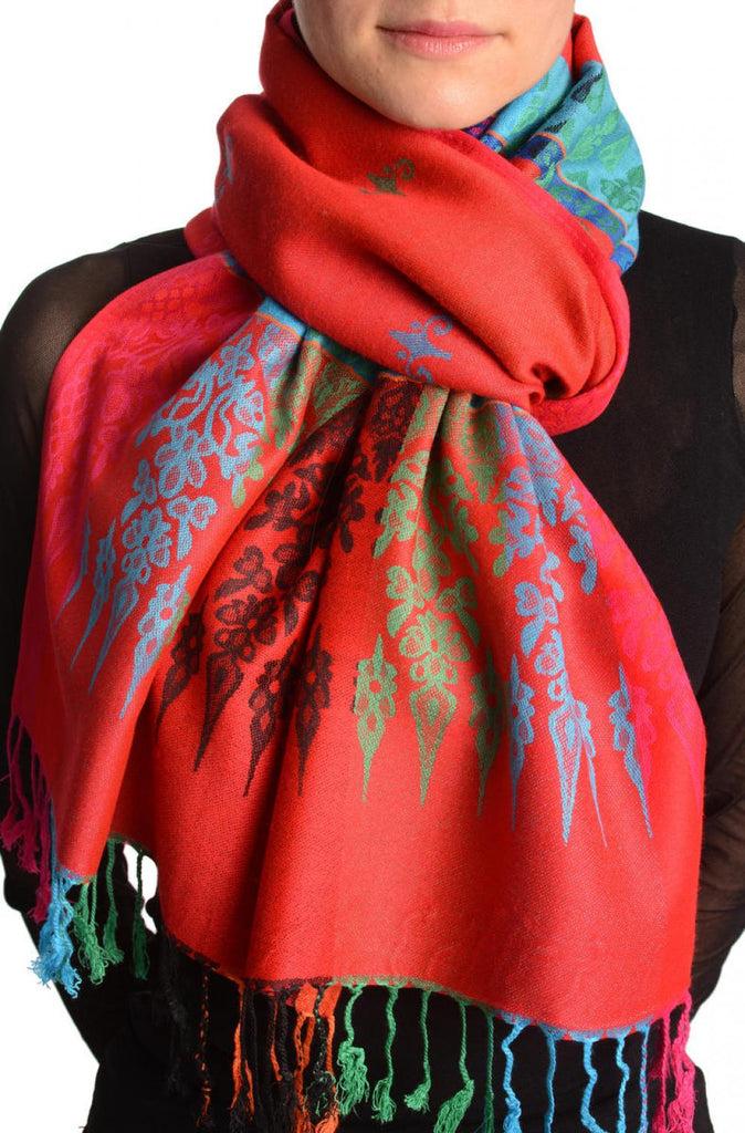 liss kiss Rainbow Stripes In Red Pashmina With Tassels - Scarf