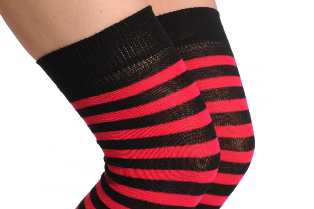 Liss Kiss Raspberry Pink & Black Stripes - Over The Knee Socks