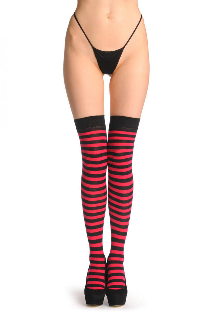 Liss Kiss Raspberry Pink & Black Stripes - Over The Knee Socks