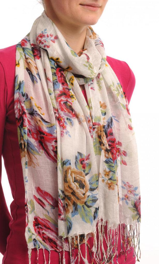 Liss Kiss Red Beige & Purple Roses On White With Tassels - Scarf