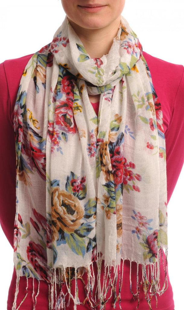 liss kiss Red Beige & Purple Roses On White With Tassels - Scarf