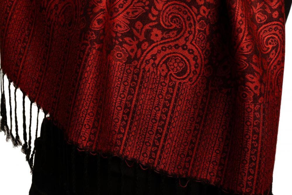 Liss Kiss Red & Black Paisleys Pashmina Feel With Tassels - Scarf