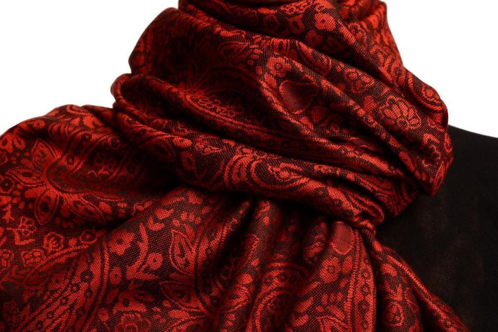 Liss Kiss Red & Black Paisleys Pashmina Feel With Tassels - Scarf
