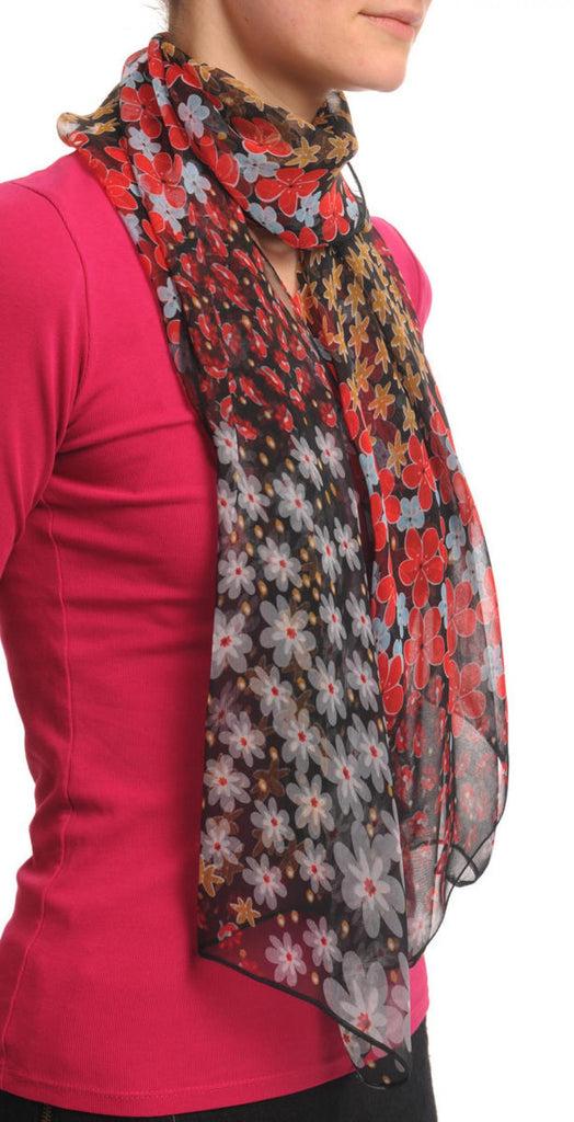 Liss Kiss Red Blue & Brown Small Flowers On Black - Scarf