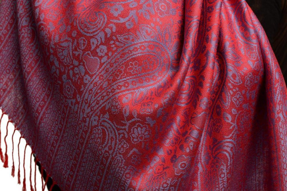 Liss Kiss Red & Blue Paisleys Pashmina Feel With Tassels - Scarf
