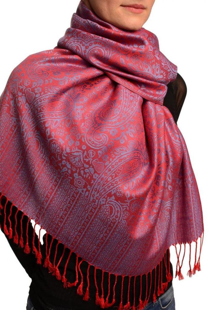 Liss Kiss Red & Blue Paisleys Pashmina Feel With Tassels - Scarf