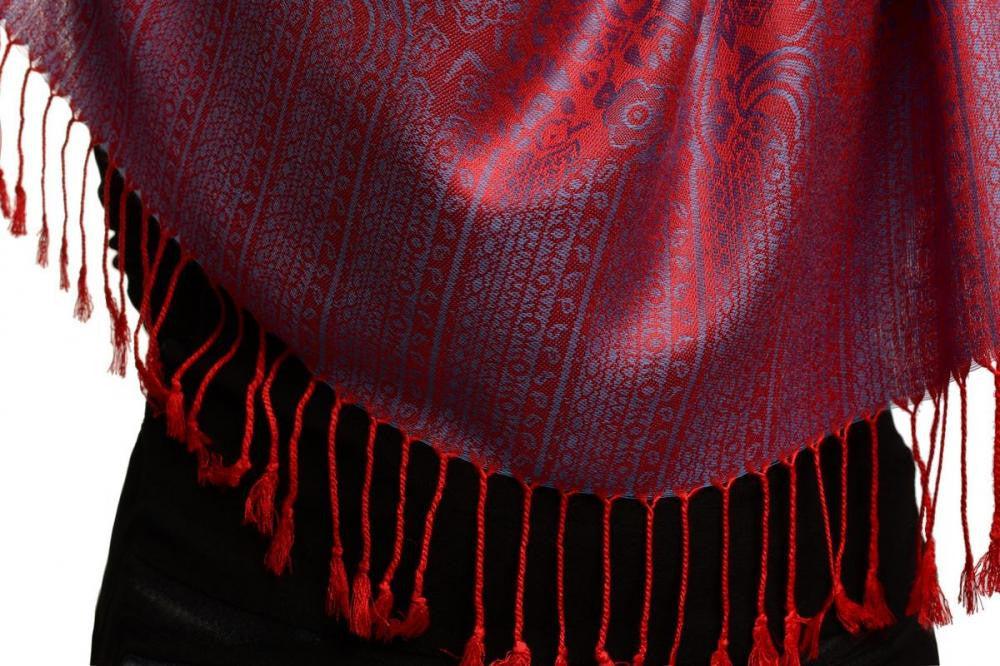 Liss Kiss Red & Blue Paisleys Pashmina Feel With Tassels - Scarf