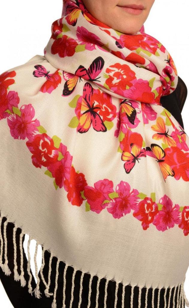 Liss Kiss Red Butterflies & Flowers On White Pashmina Feel With Tassels - Scarf
