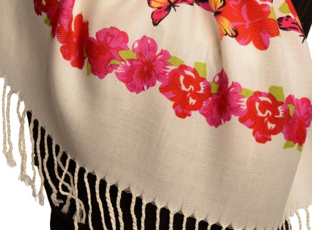 Liss Kiss Red Butterflies & Flowers On White Pashmina Feel With Tassels - Scarf