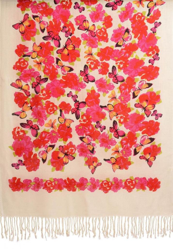 Liss Kiss Red Butterflies & Flowers On White Pashmina Feel With Tassels - Scarf