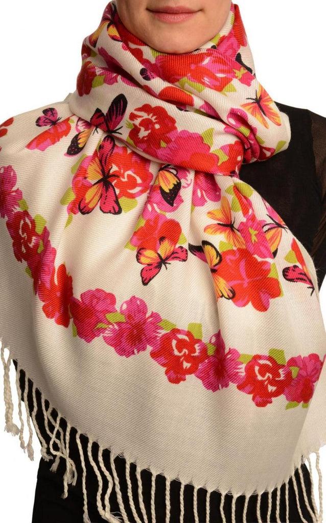 liss kiss Red Butterflies & Flowers On White Pashmina Feel With Tassels - Scarf