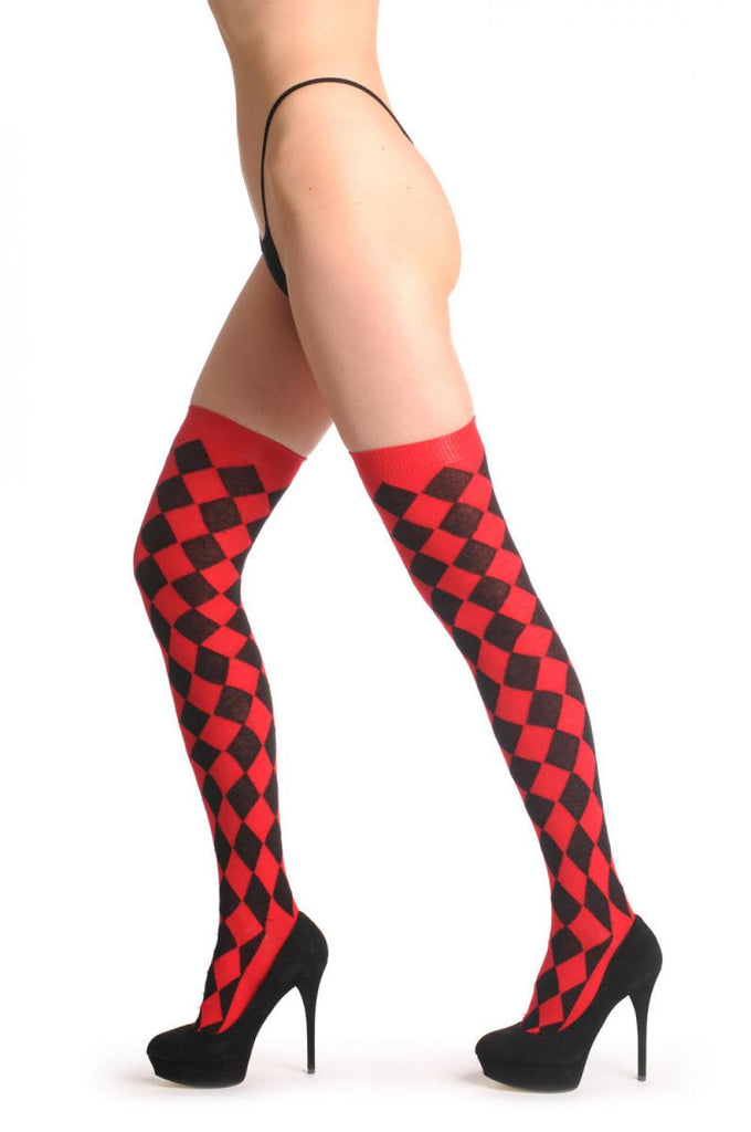 Liss Kiss Red Checkered Diagonal - Over The Knee Socks