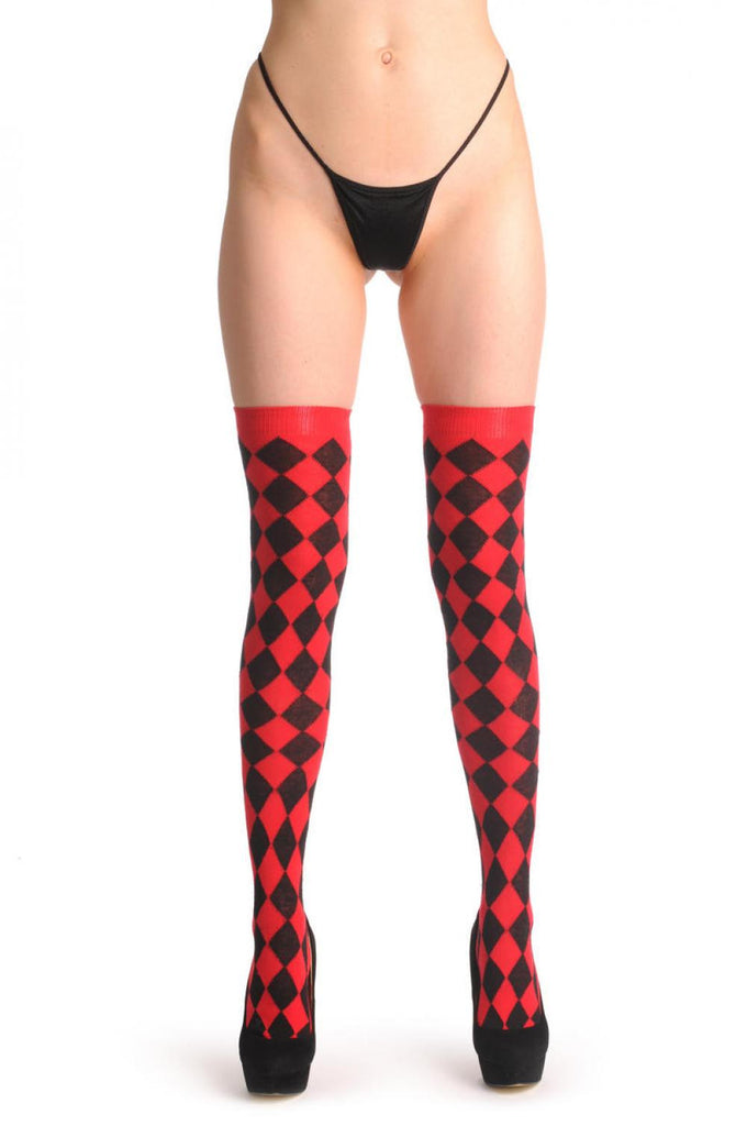 Liss Kiss Red Checkered Diagonal - Over The Knee Socks