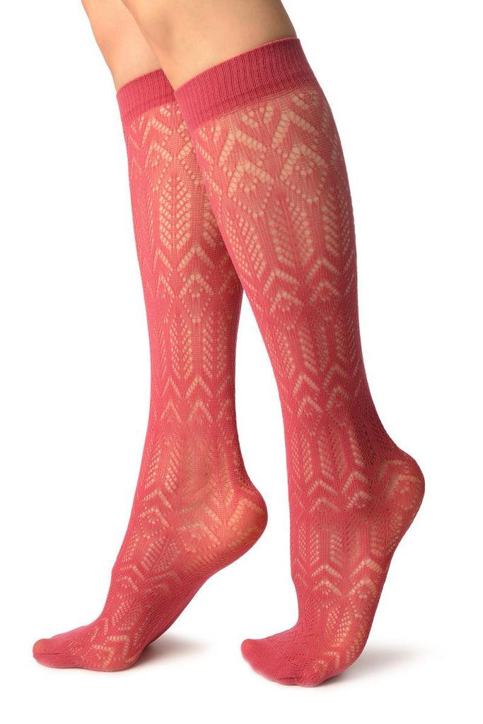 Liss Kiss Red Crochet Rhomb & Plait Socks Knee High - Socks