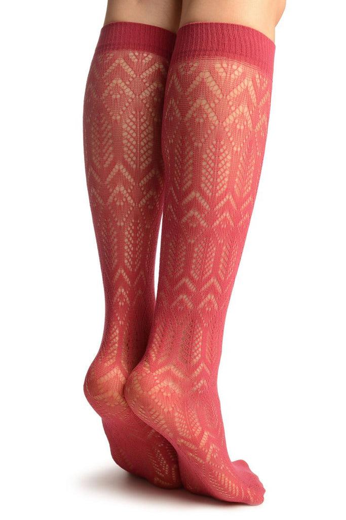 Liss Kiss Red Crochet Rhomb & Plait Socks Knee High - Socks