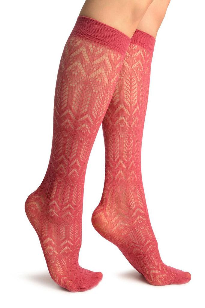 liss kiss Red Crochet Rhomb & Plait Socks Knee High - Socks