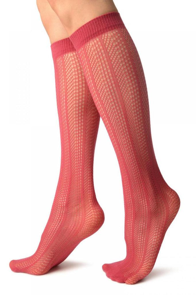 Liss Kiss Red Crochet Stripes Socks Knee High - Socks