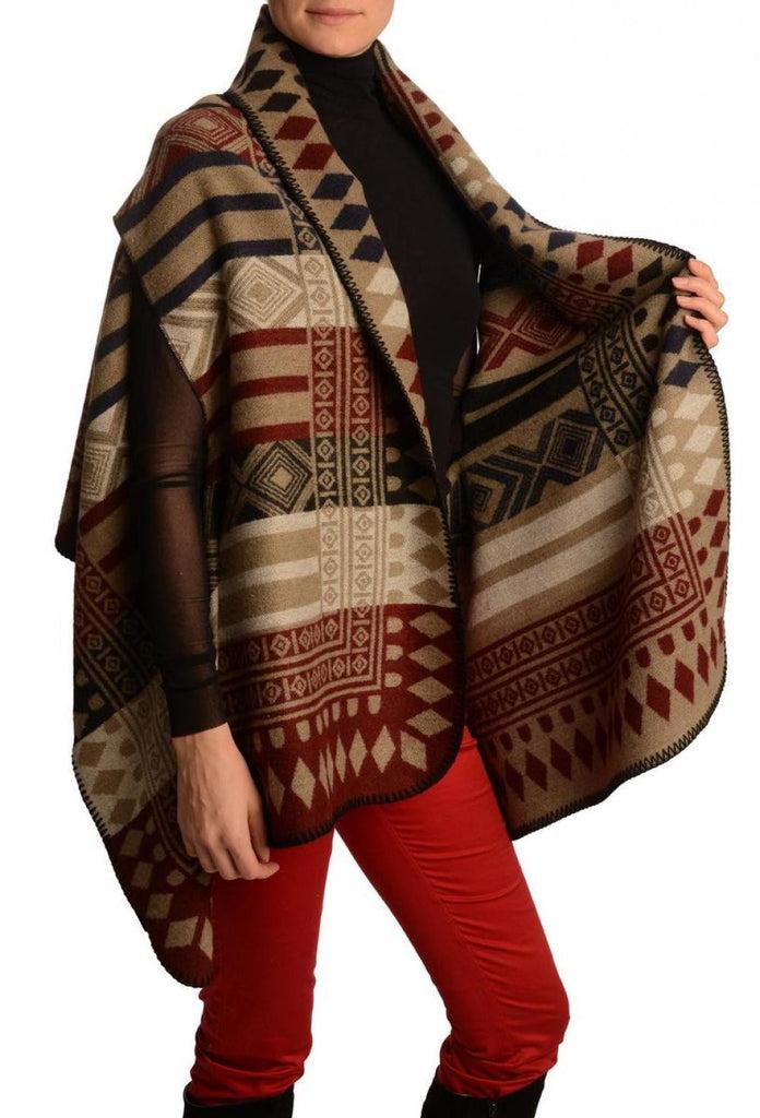Liss Kiss Red Dark Blue & Black Aztec On Beige Blanket Wrap (Poncho) - Poncho