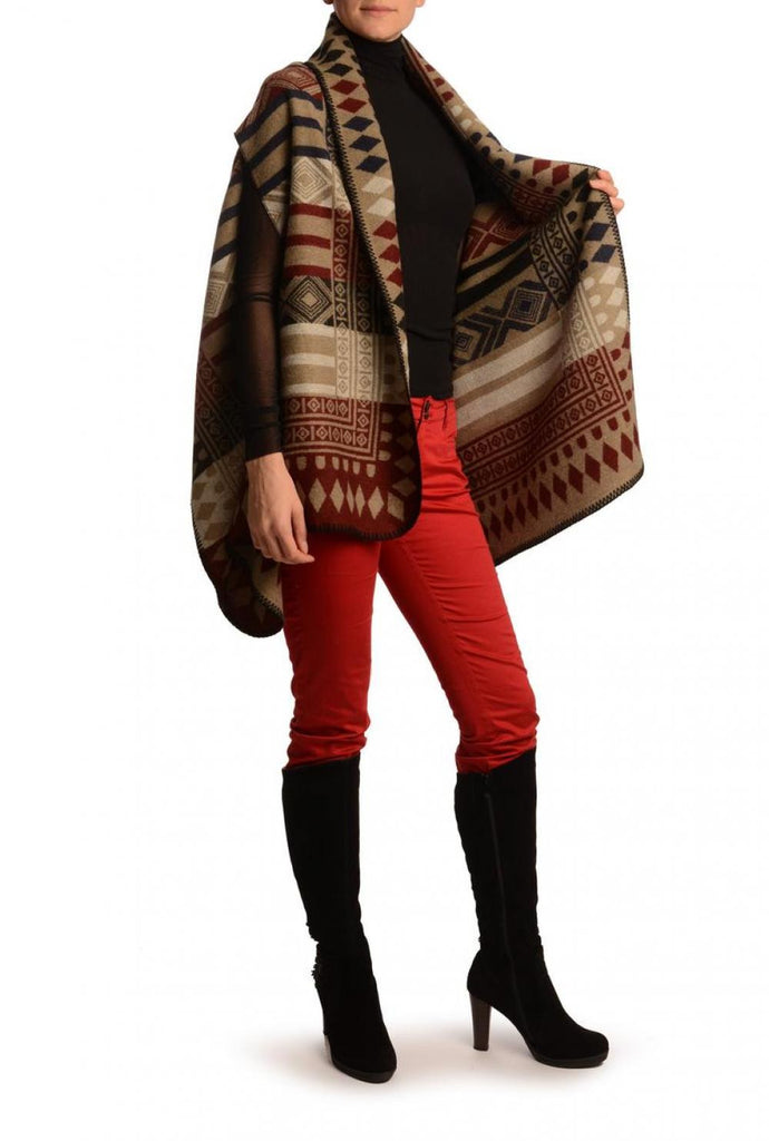 Liss Kiss Red Dark Blue & Black Aztec On Beige Blanket Wrap (Poncho) - Poncho