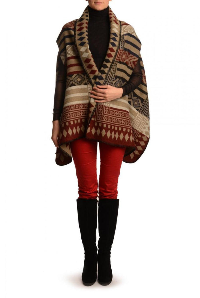 Liss Kiss Red Dark Blue & Black Aztec On Beige Blanket Wrap (Poncho) - Poncho