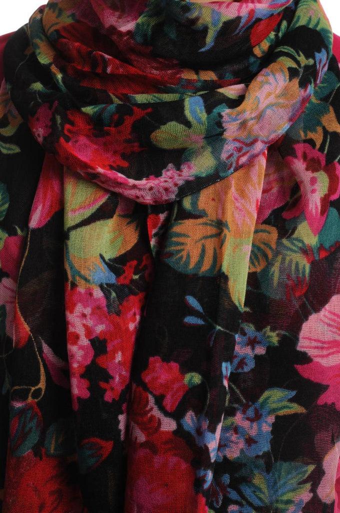 Liss Kiss Red & Dark Red Summer Garden Flowers On Black - Scarf
