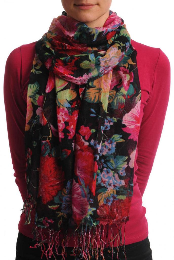 liss kiss Red & Dark Red Summer Garden Flowers On Black - Scarf