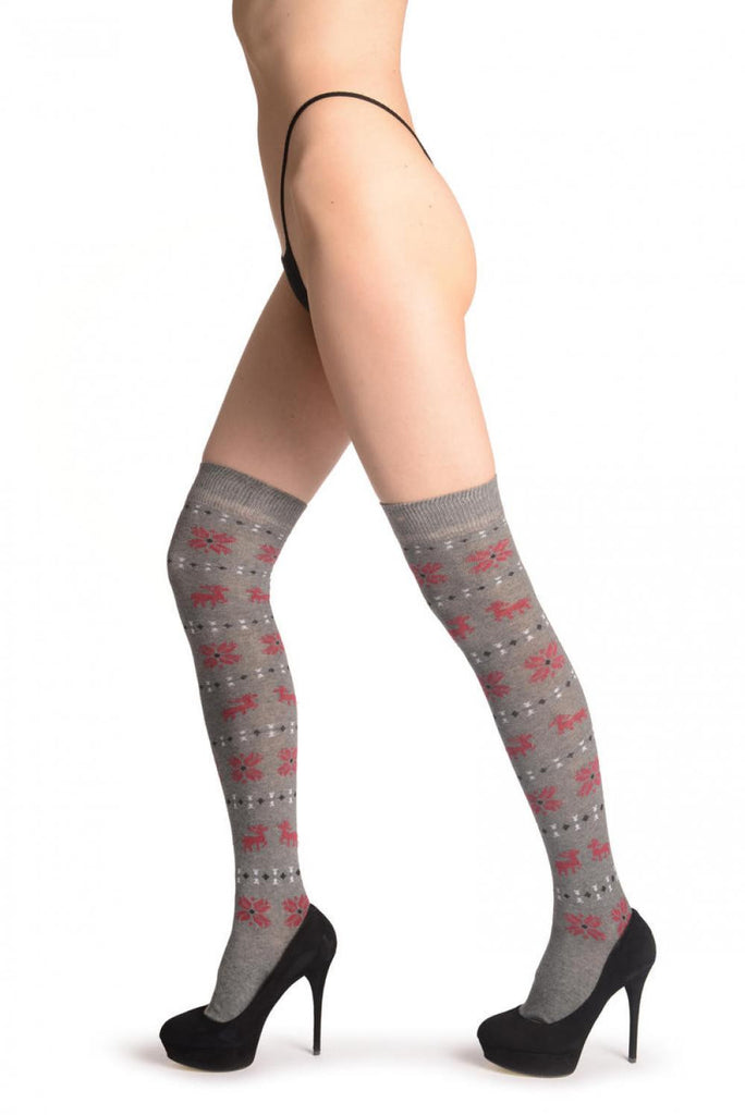 Liss Kiss Red Fairisle & Reindeers On Grey - Over The Knee Socks