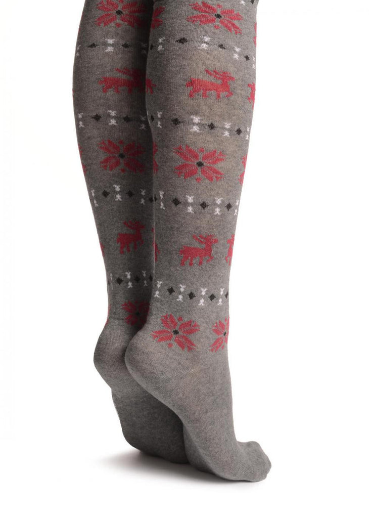 Liss Kiss Red Fairisle & Reindeers On Grey - Over The Knee Socks