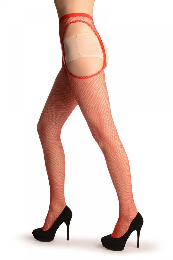 Liss Kiss Red Fishnet With Attached Suspender Belt - Tights