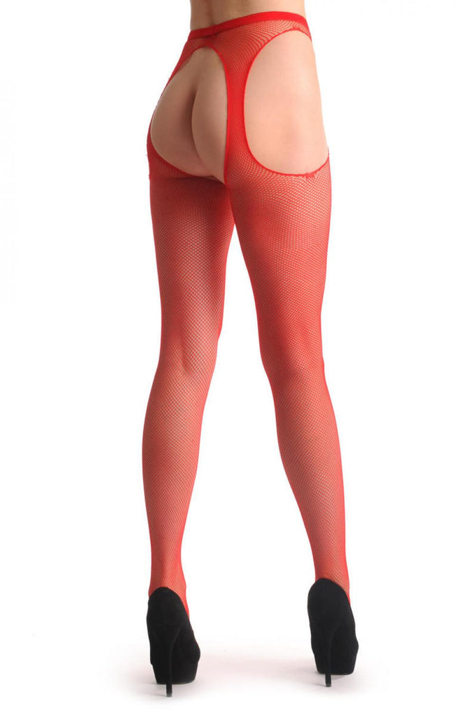 liss kiss Red Fishnet With Attached Suspender Belt - Tights