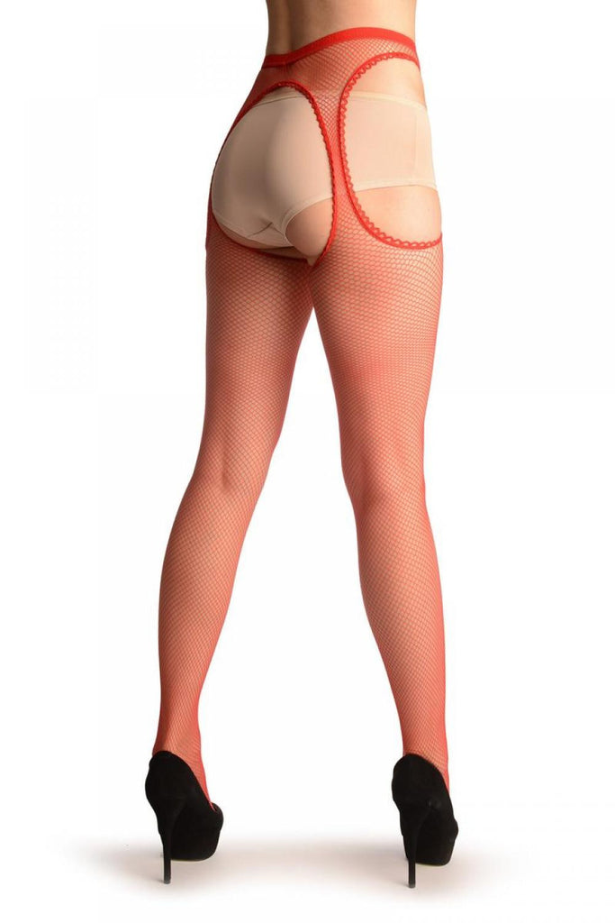 liss kiss Red Fishnet With Attached Suspender Belt - Tights