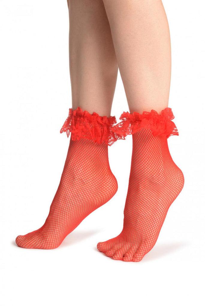 Liss Kiss Red Fishnet With Lace Ruffles Ankle High Socks - Socks