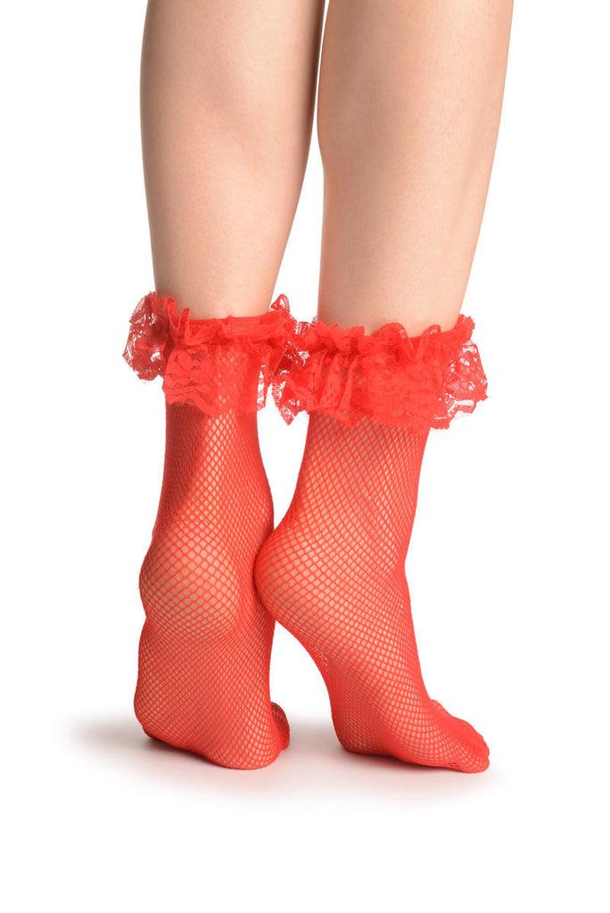 Liss Kiss Red Fishnet With Lace Ruffles Ankle High Socks - Socks