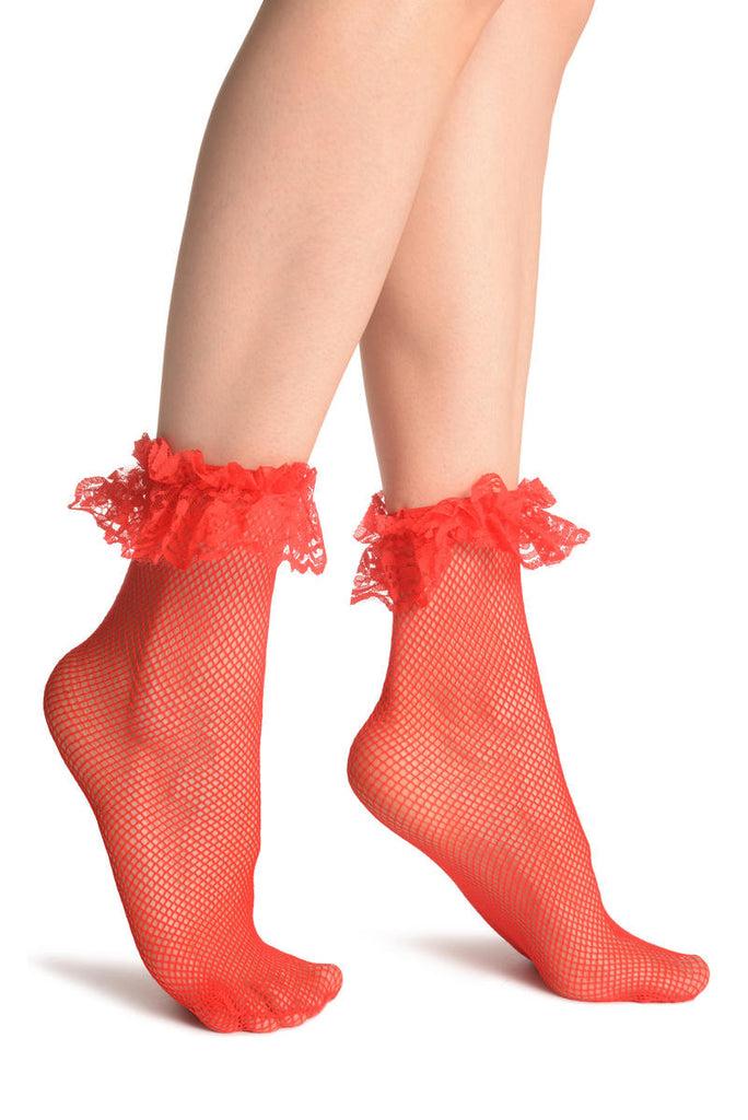 liss kiss Red Fishnet With Lace Ruffles Ankle High Socks - Socks
