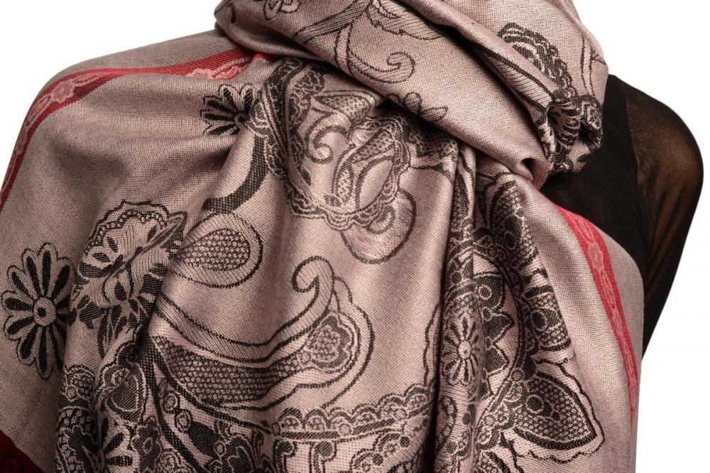 Liss Kiss Red Frame & Paisleys On Amaranth Pink Pashmina Feel With Tassels - Scarf