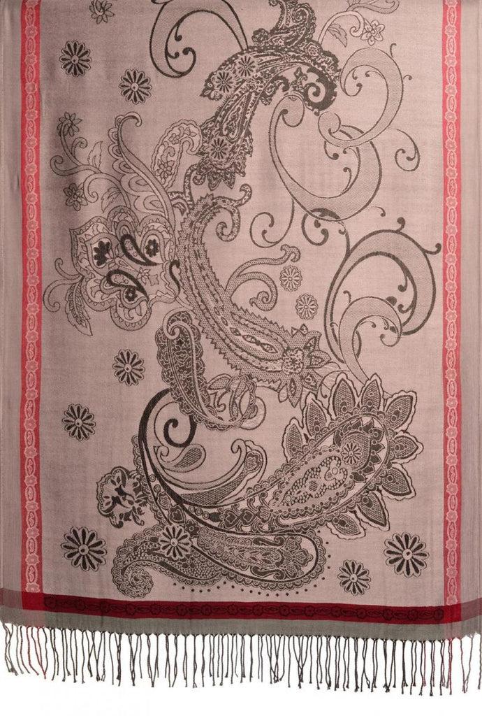 Liss Kiss Red Frame & Paisleys On Amaranth Pink Pashmina Feel With Tassels - Scarf