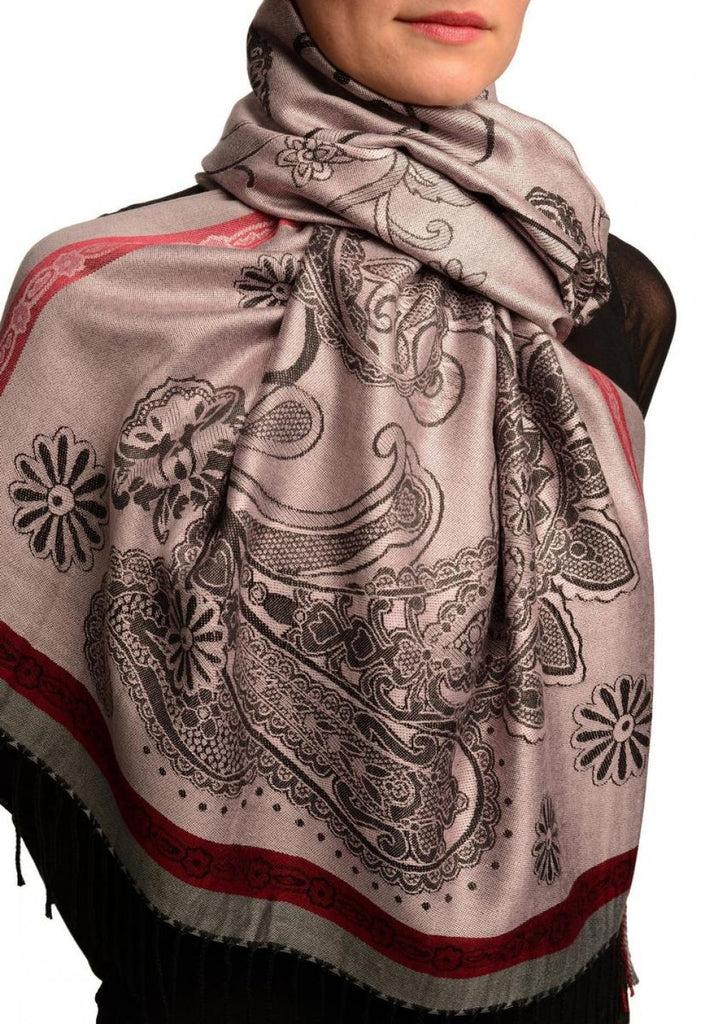 Liss Kiss Red Frame & Paisleys On Amaranth Pink Pashmina Feel With Tassels - Scarf