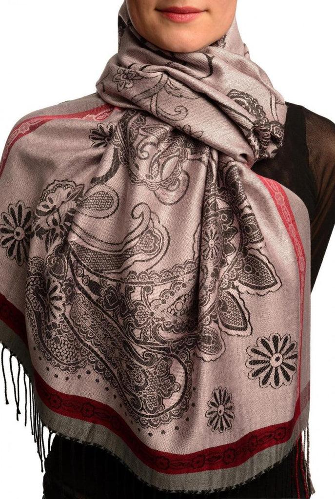 liss kiss Red Frame & Paisleys On Amaranth Pink Pashmina Feel With Tassels - Scarf