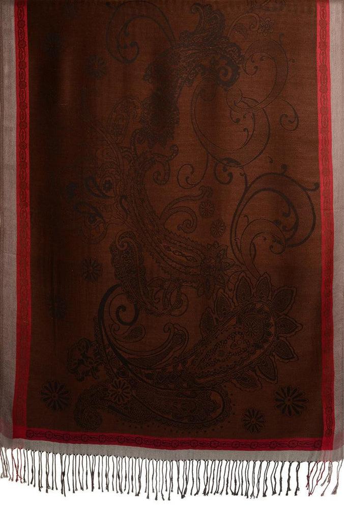 Liss Kiss Red Frame & Paisleys On Brown Pashmina Feel With Tassels - Scarf