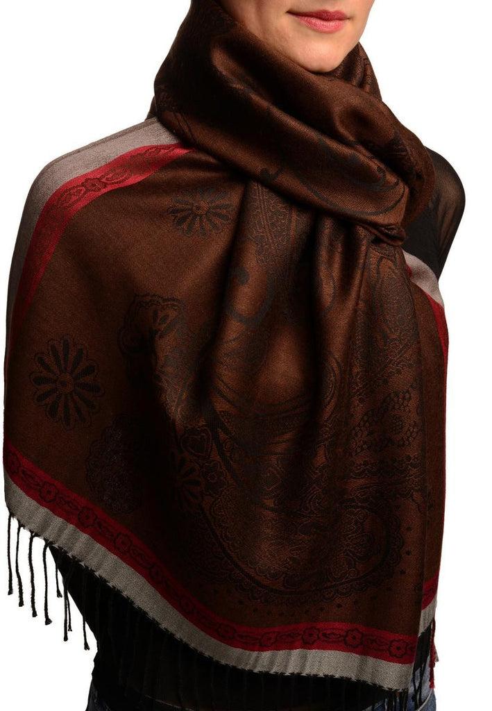 Liss Kiss Red Frame & Paisleys On Brown Pashmina Feel With Tassels - Scarf