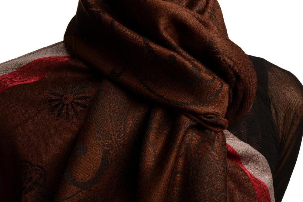 Liss Kiss Red Frame & Paisleys On Brown Pashmina Feel With Tassels - Scarf