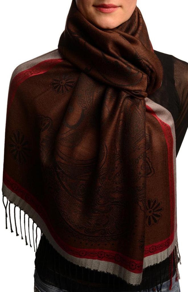 liss kiss Red Frame & Paisleys On Brown Pashmina Feel With Tassels - Scarf