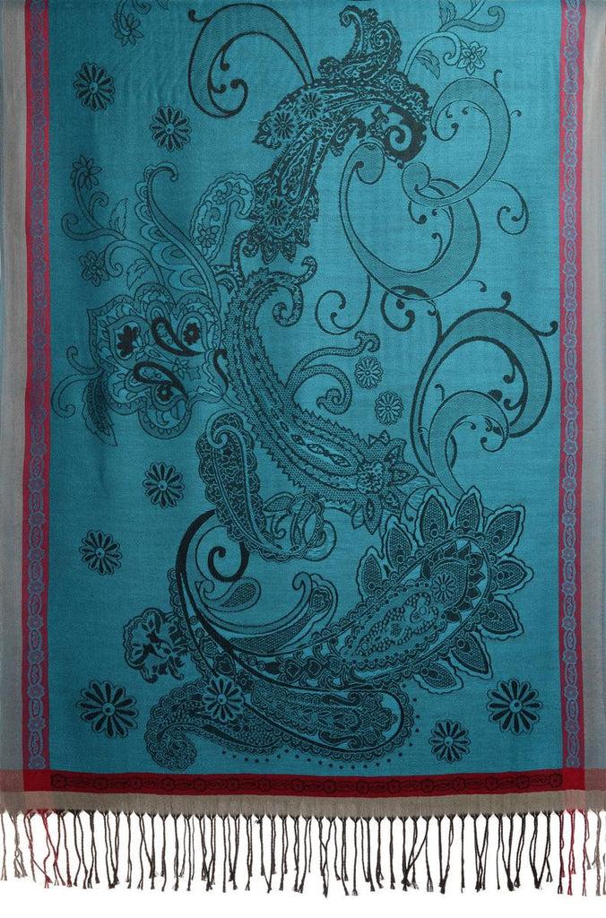 Liss Kiss Red Frame & Paisleys On Cerulean Blue Pashmina Feel With Tassels - Scarf